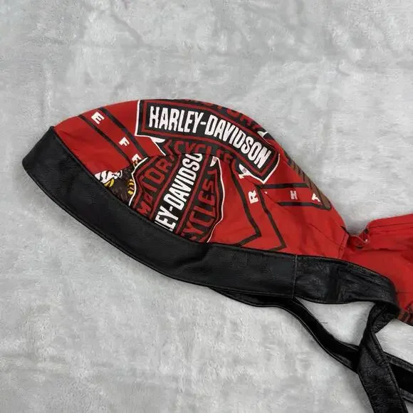 VTG Harley Davidson Red Do Rag Bandana Headwrap Leather Trim Motorcycle Gear Y2K - Picture 6 of 11